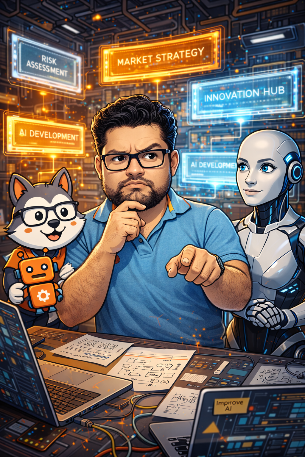 Carlos Presuel junto a Robifito y robot IA con paneles holográficos: AI Development, Market Strategy, Innovation Hub