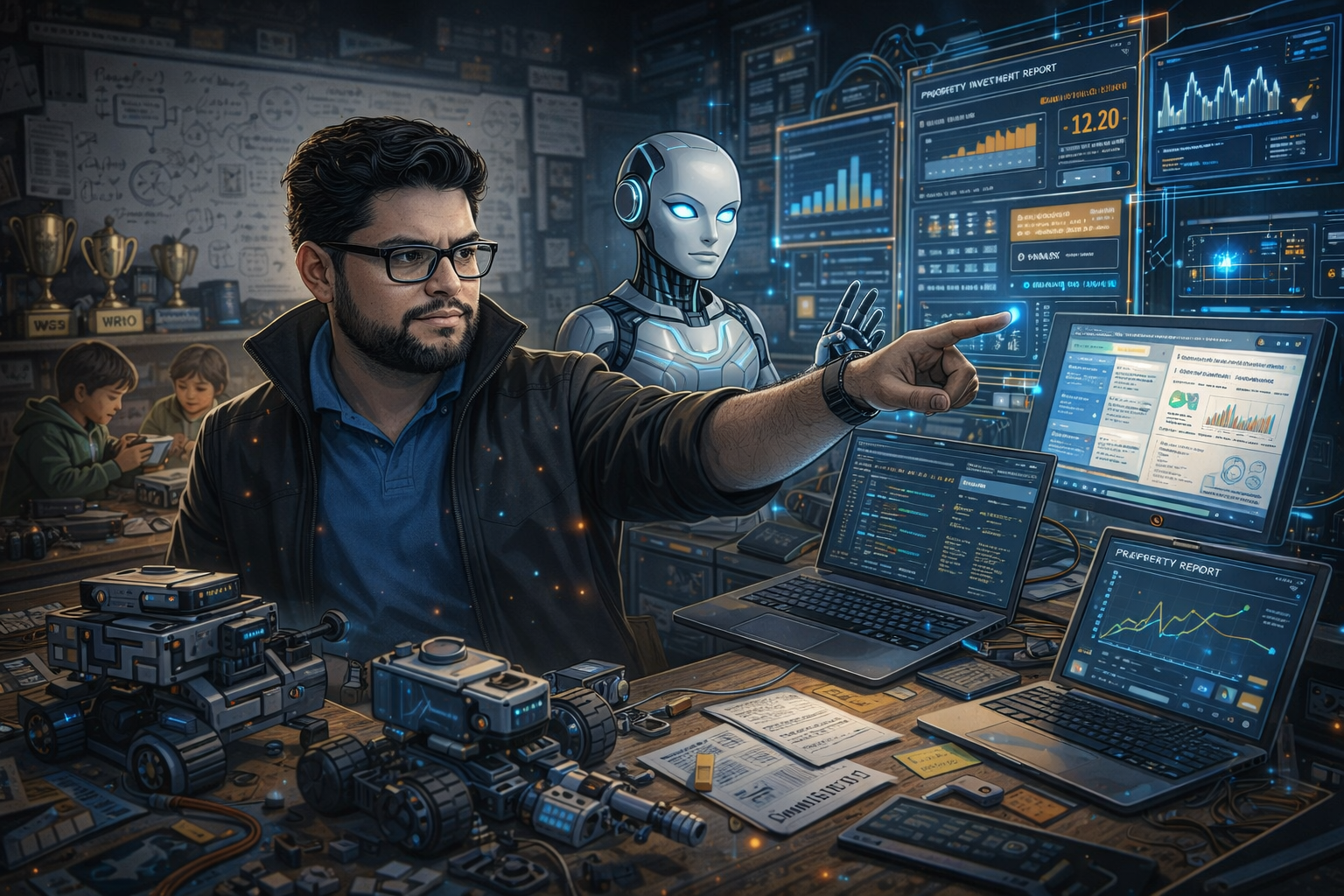 Carlos señalando dashboards con robot IA y equipo de automatización en escritorio